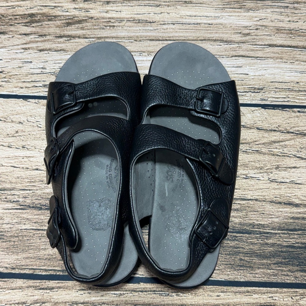 SAS Tripad Comfort Sandals Mens 10.5 M Black Leather Bravo Heel Strap 3 Buckle
